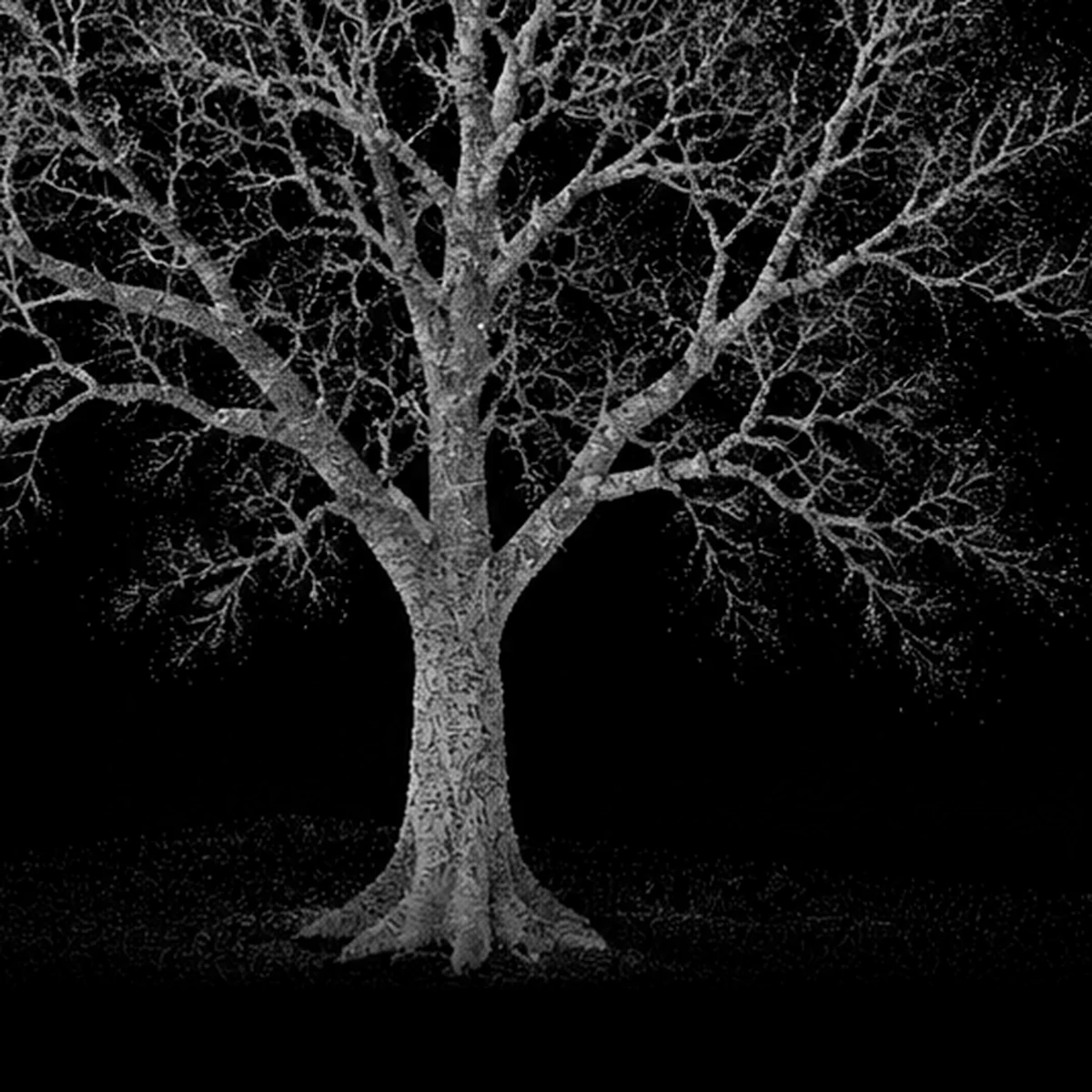 Point-cloud artwork showing a tree’s trunk and main branch junctions.